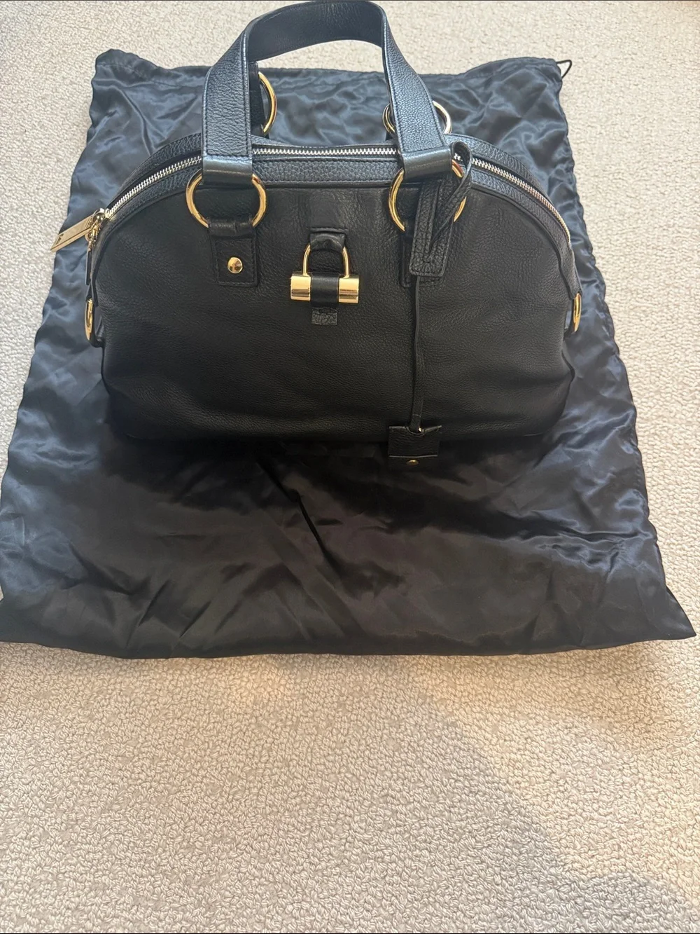 Black Leather Dome Satchel Bag with Gold Hardware